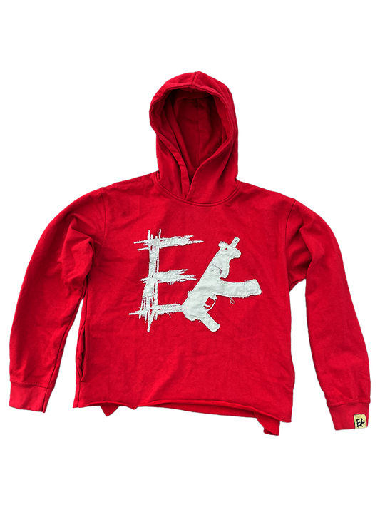 Cropped Distressed Applique Draco Hoodie - Red